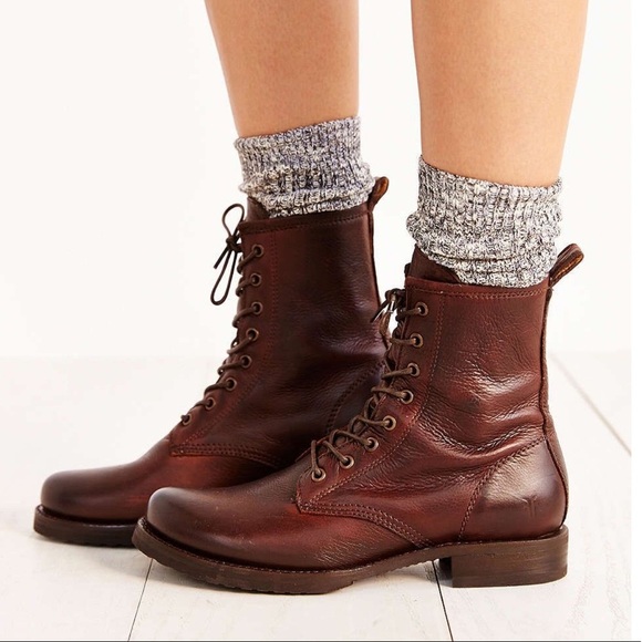 RARE $399 Frye Veronica Combat Red Wine Real Leather Lace Up Moto Ankle Boot - Picture 9 of 16